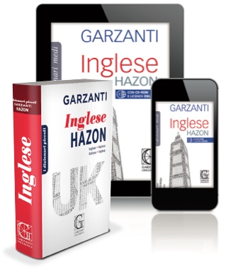 Il volume cartaceo del Dizionario Hazon della Lingua Inglese posizionato accanto a uno smartphone e a un tablet che mostrano la versione digitale dello stesso dizionario.