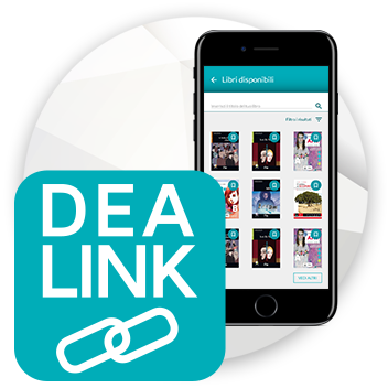 In primo piano l'icona dell'app Dealink. Dietro, uno smartphone che mostra sullo schermo la sezione dell'app dealink che presenta le copertine dei libri disponibili.