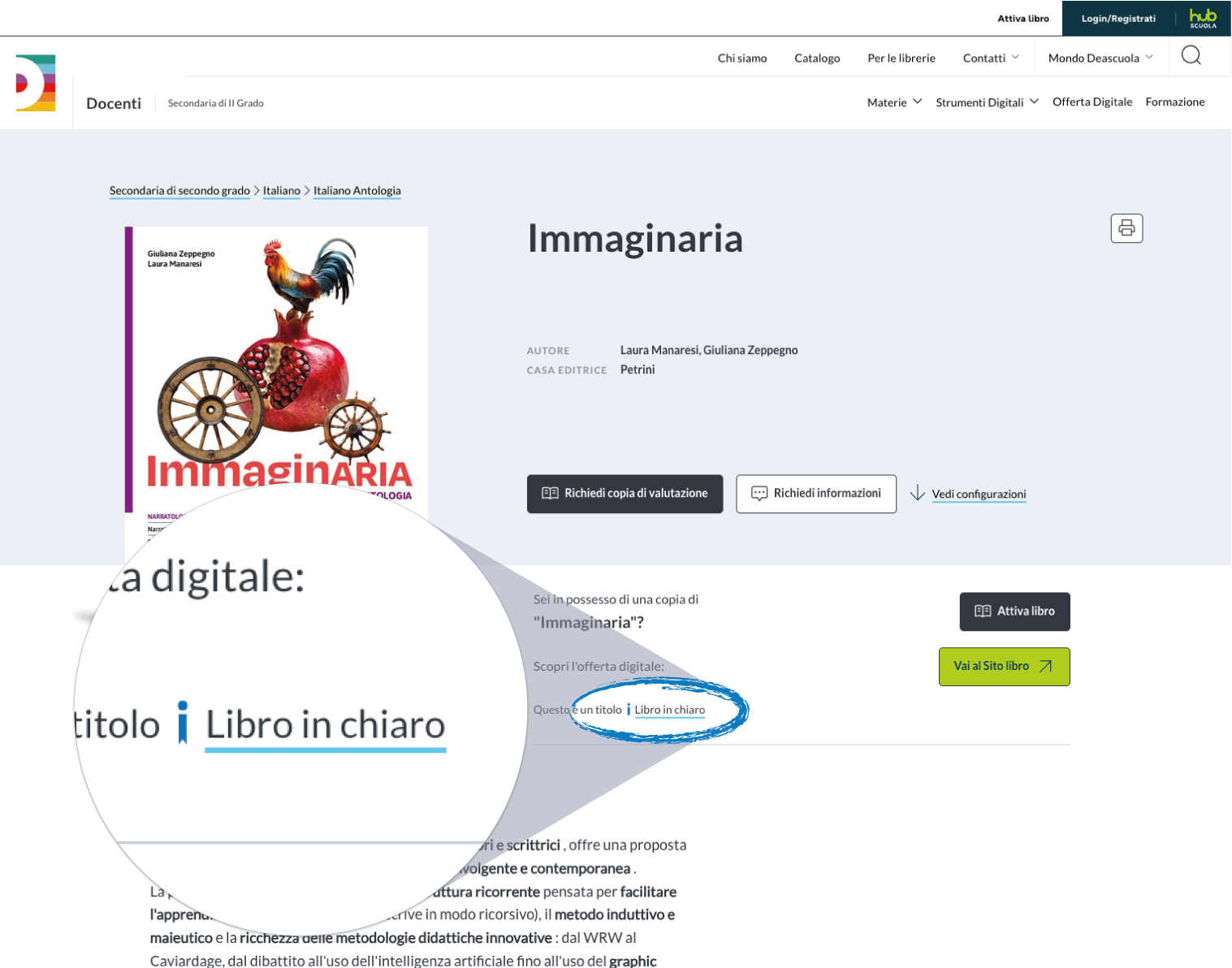 Zoom sul bottone Libro in chiaro in una scheda di presentazione opera. Il bottone è situato prima della descrizione dell'opera.